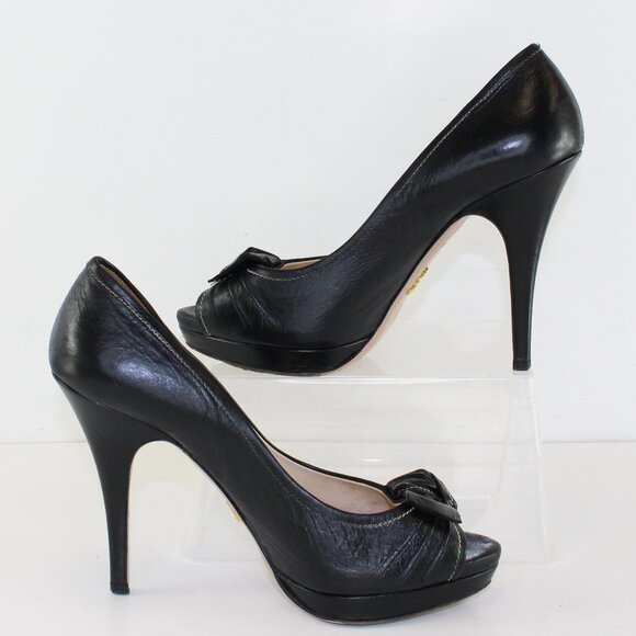 Prada Leather Peep Toe Bow Pumps Womens (EU 36/US 6) - Picture 4 of 9